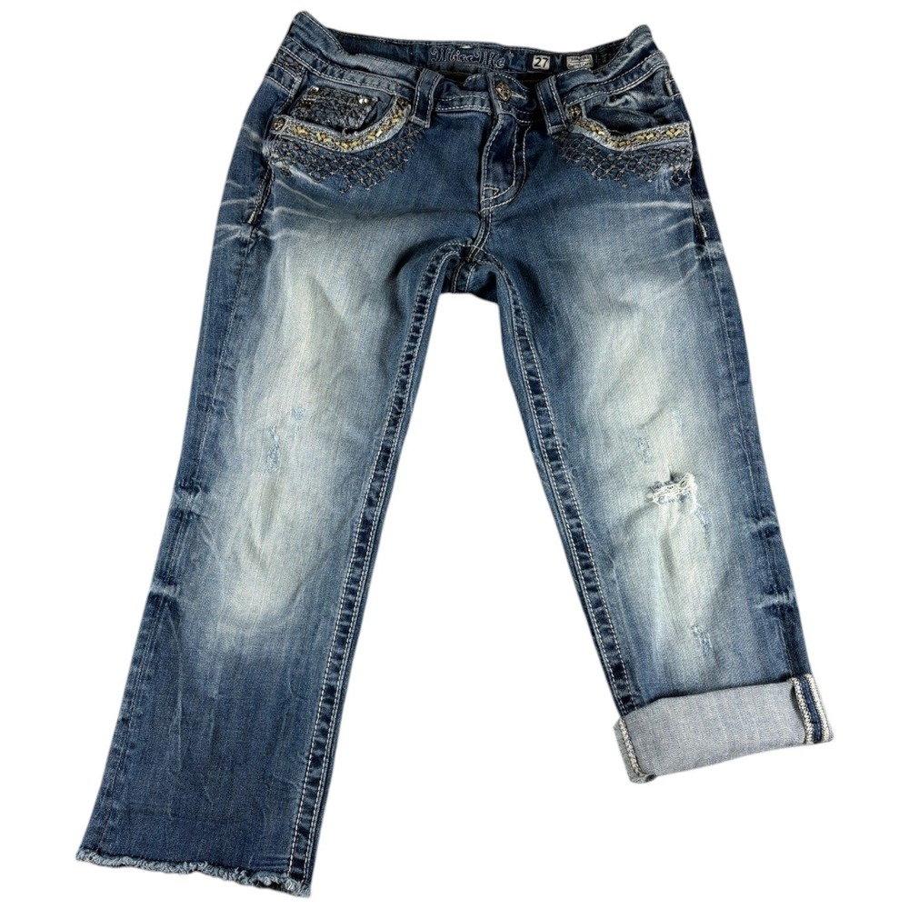 Miss Me Signature Cuffed Capri Jeans Womens 27 Blue‎ Denim Faded Distressed Y2K